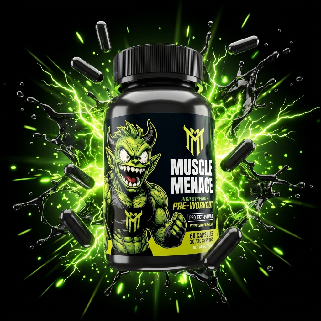 Muscle Menace pre-workout capsules bottle with volt green energy splash