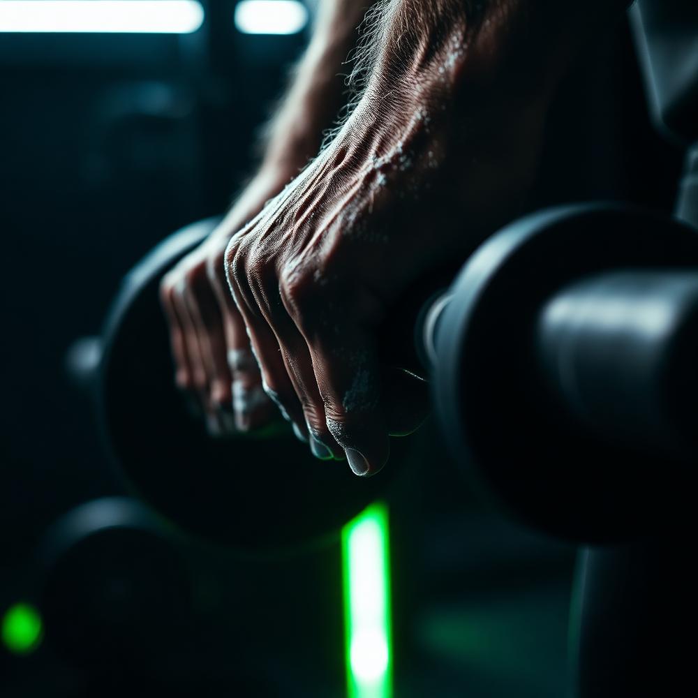 Chalked hands gripping a loaded barbell